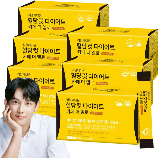 리얼메디 혈당컷 다이어트 카페 더 옐로 커피믹스맛 설탕당류ZERO 바나바잎 가르시니아캄보지아 추출물 식후혈당상승억제 체지방감소 보조제 커피맛 혈당케어 컷타임, 6박스, 255g