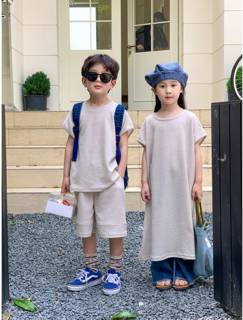 리틀앤 아동용 남아여아 와플여름상하세트 와플원피스 남매룩