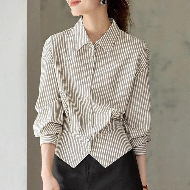 Makone 여성 일반카라 스트라이프 프렌치 심플 코디네이터 데일리 캐주얼 셔츠