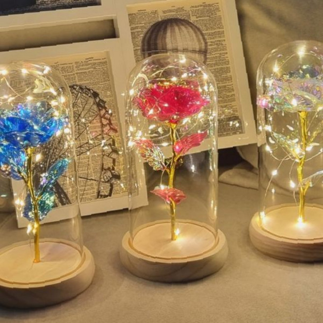 인테리어 조명 원목 조명 장미 LED 침실 무드등 유리돔 로맨틱 분위기 받침대, 건전지형 파란장미