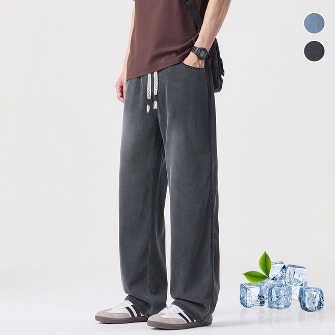 wassup 남자 청바지 밴딩 얇은 일자핏 와이드팬츠 텐셀 빅사이즈 여름바지