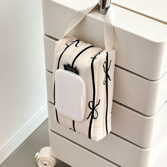 부드러운 순면 패브릭 리본 누빔 물티슈 케이스 파우치, 아이보리, 1개