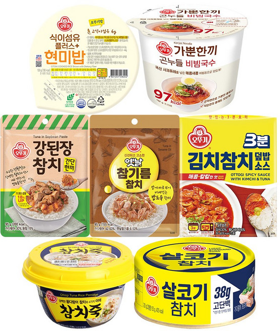 [6월의 숨냠템] 오뚜기! 참치! 참치! (강된장 1+옛날참기름 1+참치죽 1+김치참치덮밥소스 1+곤누들 비빔국수 1+식이섬유플러스 현미밥 3+참치 살코기 1), 1.402kg, 1세트