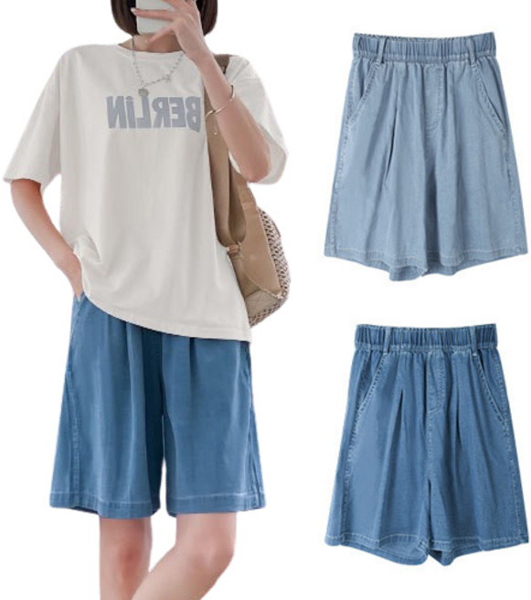 핑크셀럽 여성용 아이스 쿨링 와이드 밴딩 5부 청반바지 데님 팬츠