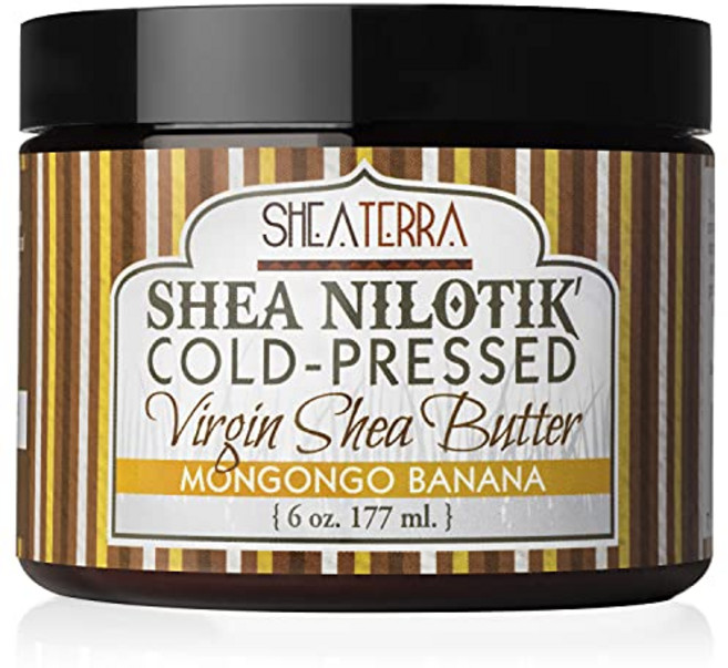 Shea Terra Organics 100% 유기농 냉간 압착 버진 시어 버터 – Mongongo 바나나 | 건성 피부를 부드럽게 하고 수분을 공급하며 튼살을 줄이는 천연 노화 방지 데일리 스킨 네일 및 헤어 크림 - 6온스, 6 Ounce (Pack of 1), 1개, 177ml