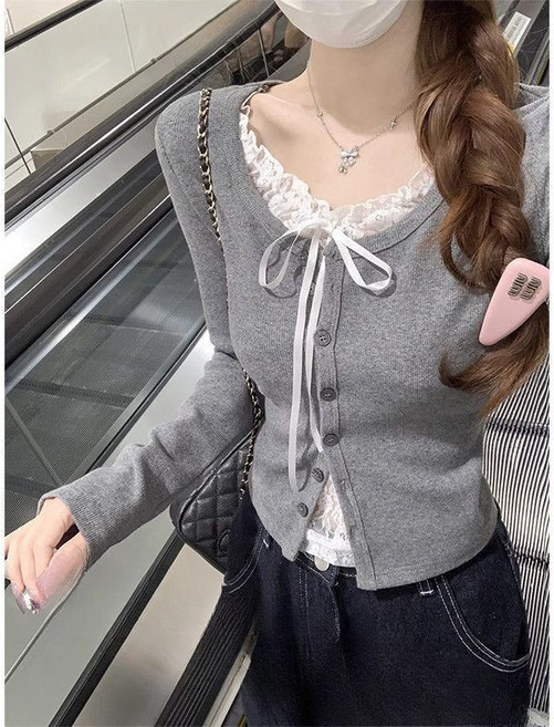 유니픽 여성 봄철 면 소재 V넥 긴팔 셔츠 레이스 장식 버튼 디자인wbr