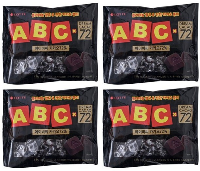 진한 카카오 풍미 롯데 ABC초콜릿 드림카카오 72%(사탕증정), 4개, 187g