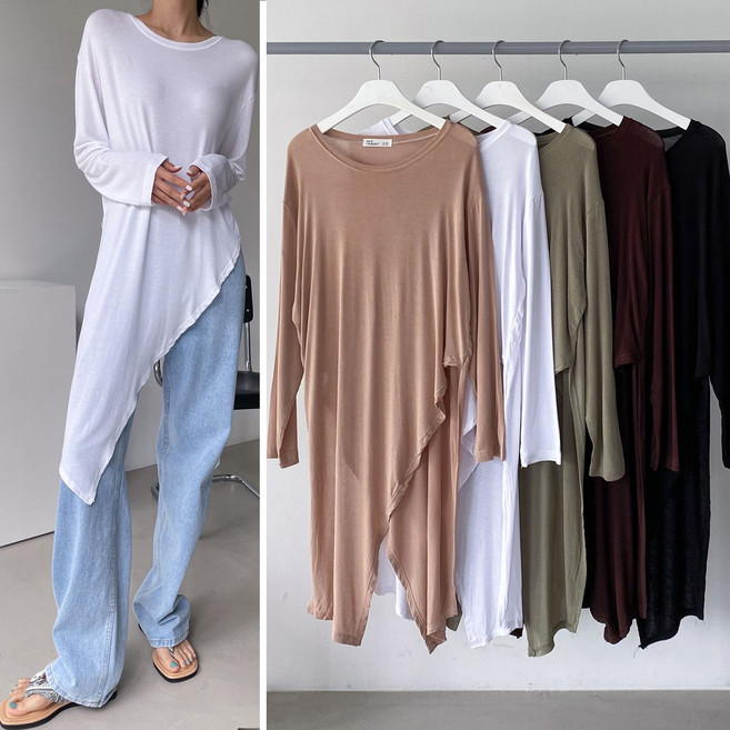 러브포텐 여성 루즈핏 사선 트임 여름긴팔 롱티셔츠 시스루 찰랑 레이온 스판 언발 롱긴팔티 얇은 긴팔티 자외선차단 긴팔롱티 -특가