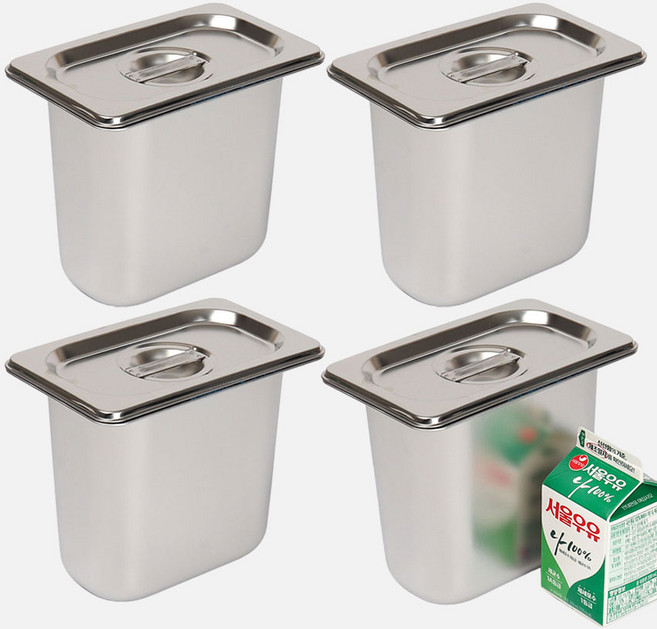 강화 스텐 사각 밧드+뚜껑 세트 주방용 냉장고 반찬 바트 용기, 4세트, 6인치 몸체+뚜껑