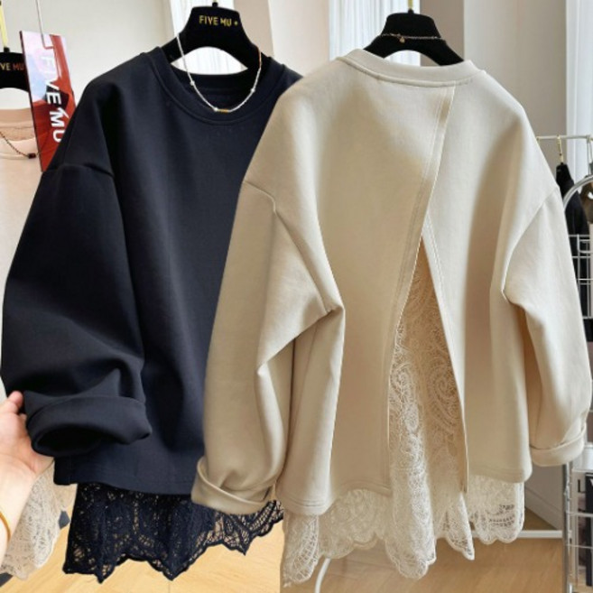 히또리 T4314 라운드넥 레이스레이어드 루즈핏 빅사이즈 여성 맨투맨