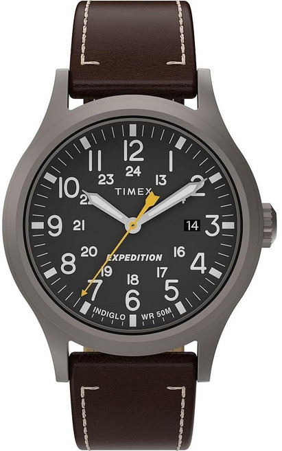 Timex 남성용 익스페디션 스카우트 40mm 시계 - 그린 패스트랩 다이얼 IP 블랙 케이스, 다크 브라운/블랙/그레이
