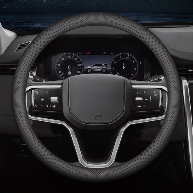 카지온 자동차 핸들커버 차량용 슬림핏 타공 나파가죽 순정형, 1개, 원형 × 블랙