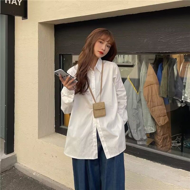 長袖襯衫 白色基礎襯衫女寬松百搭學生襯衣外穿開衫