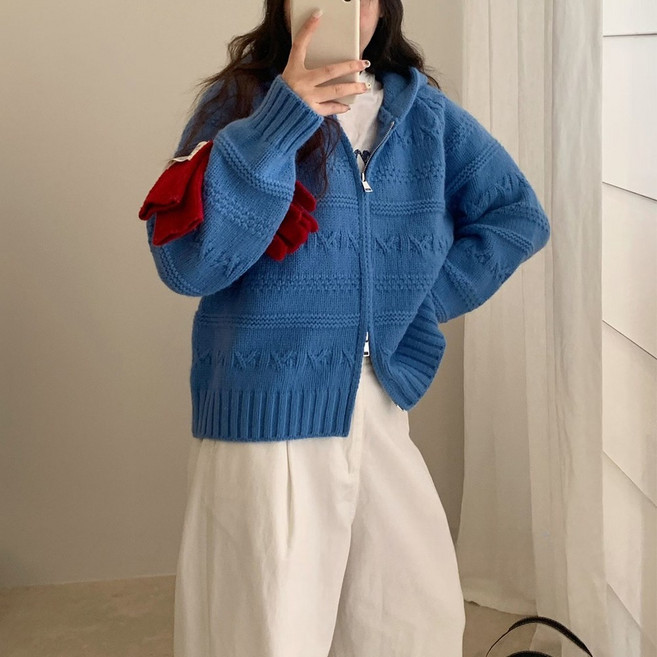 [웨일쓰]여성 니트 집업 후드 가디건 봄 가을 데일리 캐주얼 루즈핏 아우터