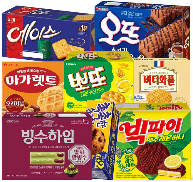 [냠냠상회] 빙수하임+빅파이 제주 레몬 허니+마가렛트+뽀또 레몬커스타드+촉촉한초코칩+에이스+이즈니 버터와플+오뜨 쇼콜라 사무실 과자 간식 세트, 1세트, 8p