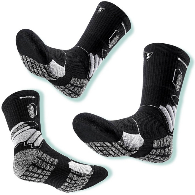 남성용 스포츠 이중 쿠션 중목 장목 양말 3켤레, 블랙