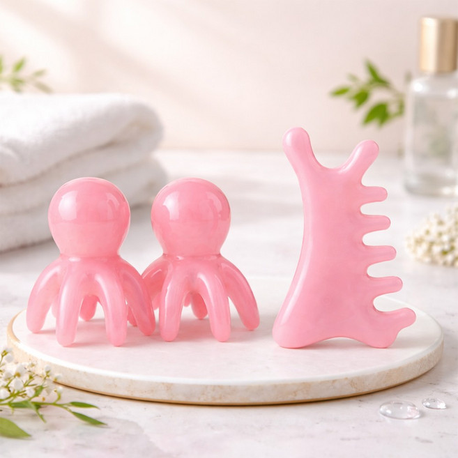 뉴하 릴렉싱 얼굴 바디 두피 문어 괄사 마사지기 도구 괄사 3개, 핑크, 1세트
