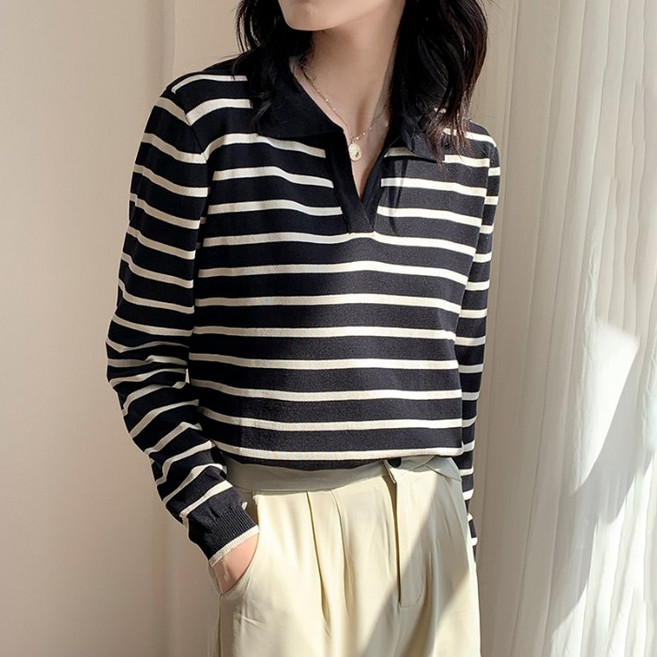 스타일아유 봄 가을 아유 여성 오픈카라 니트 루즈핏 캐쥬얼 스트라이프 니트티셔츠 KN1227