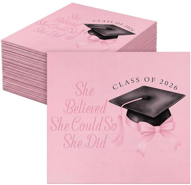 ForraFun 핑크 리본 졸업 냅킨 50개 클래스 2026년 파티 3겹 일회용 She Believed Could So Did Paper Coquettish Girl 고등학교, ForraFun 핑크 리본 졸업 냅킨 50개 클래스 2