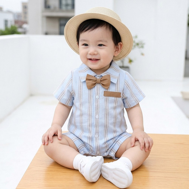 몽실이 블루 스트라이프 보타이 우주복 아동용 남아용 캐주얼 여름용 반팔 외출복