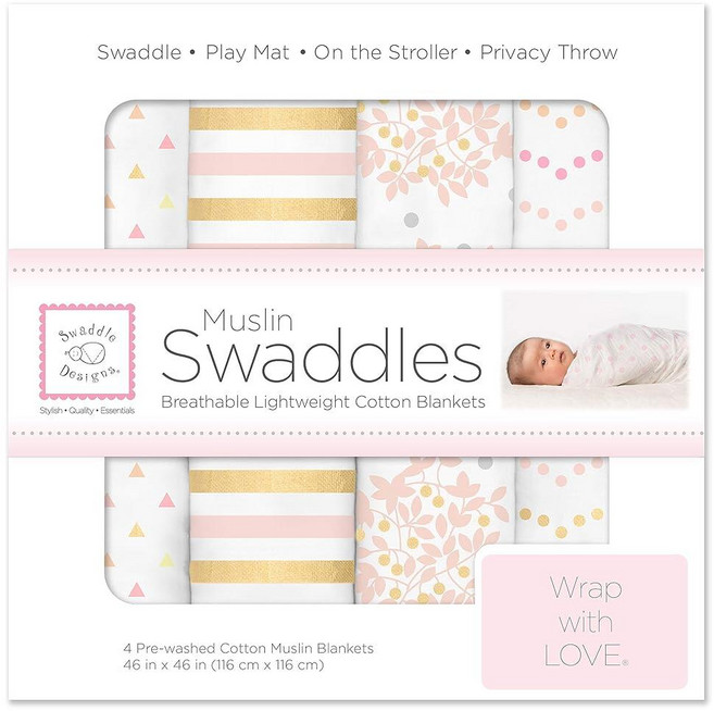 SwaddleDesigns 면 모슬린 포대기 담요 4개 세트 남아 및 여아용 속싸개 담요 최고의 샤워 선물 116.8 x 116.8cm(46 x 46인치) 핑크 플로럴, SwaddleDesigns 면 모슬린 포대기 담요, 4