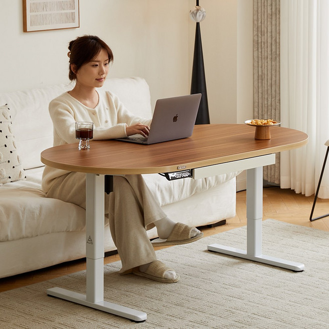 아우스 원목 FJ12 전동 모션 거실테이블 모션소파테이블 리프트테이블 높이조절 테이블 좌식 모션데스크 타원형, 월넛+화이트(FJ12)