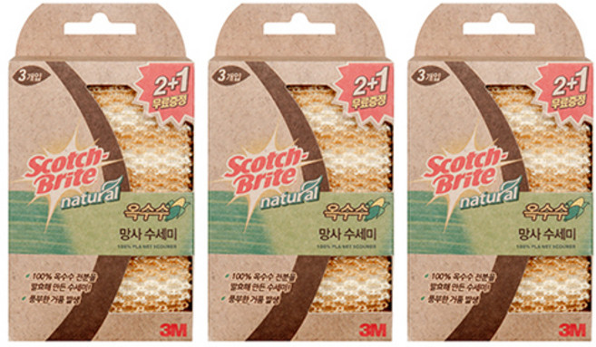3M 스카치브라이트 내츄럴 옥수수 망사 수세미, 3개입, 3개
