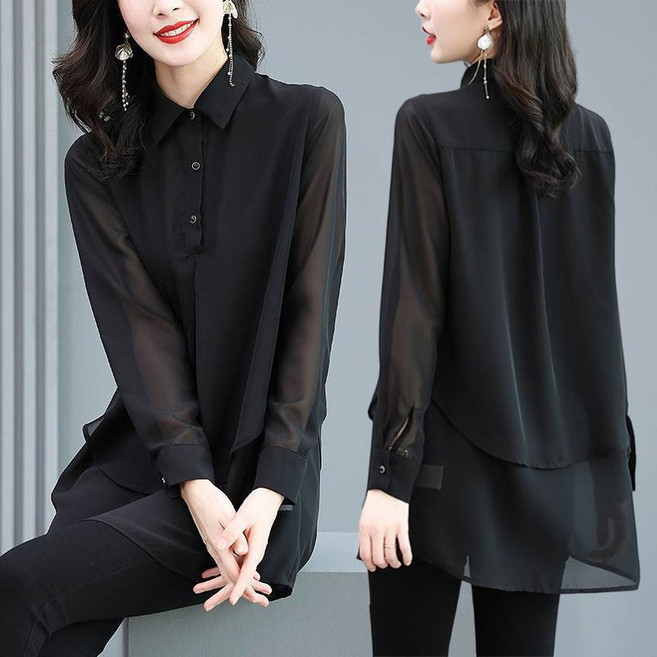 중년여성 쉬폰 블라우스 루즈핏 긴팔 얇은 미디 롱셔츠 남방 엄마옷 50대 카디건