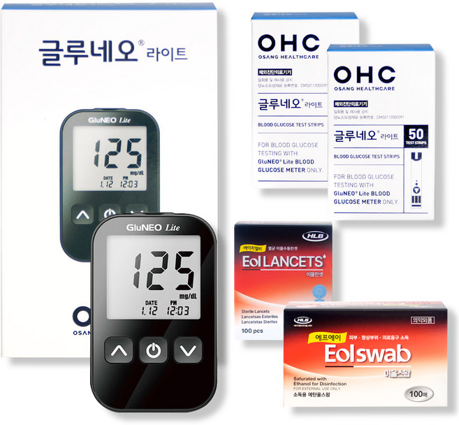 글루네오 라이트 혈당계 + 시험지100매 +채혈침110개+메디위 알콜솜 100매 [메디위출고], 글루네오라이트, 1개