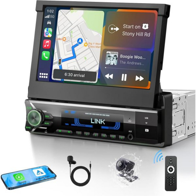 2026년 싱글 딘 카 스테레오무선 Apple CarPlay 및 Android Auto 포함 7인치 HD 모터식 플립아웃 터치스크린 헤드 유닛 블루투스 5.1 타입-A 고속 충, 2026년 싱글 딘 카 스테레오무선 Apple CarP
