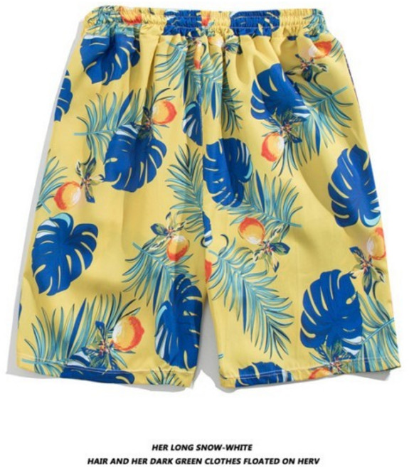 夏季海邊度假碎花寬鬆沙灘短褲, K1129黃,XXL