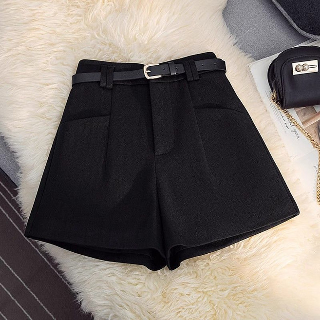 SELEAD 여성용 하이웨스트 A라인 모직 반바지 벨트 포함 정장 슬림 가을 겨울 숏 팬츠 반바지