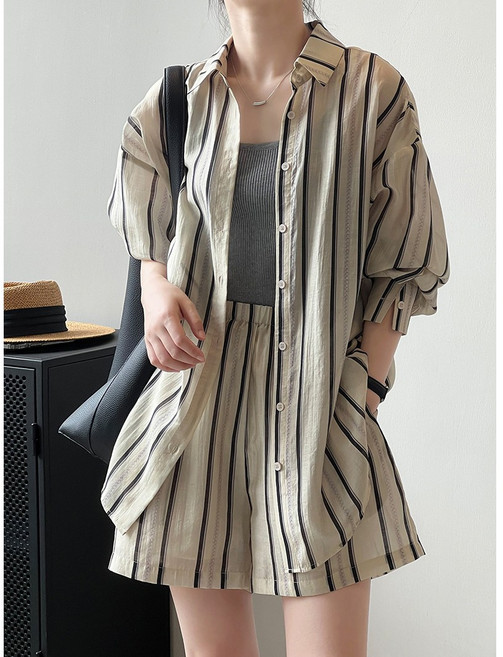 ZAJA 여성 면마 9부소매 투피스 반바지 캐주얼룩 바캉스룩 세트