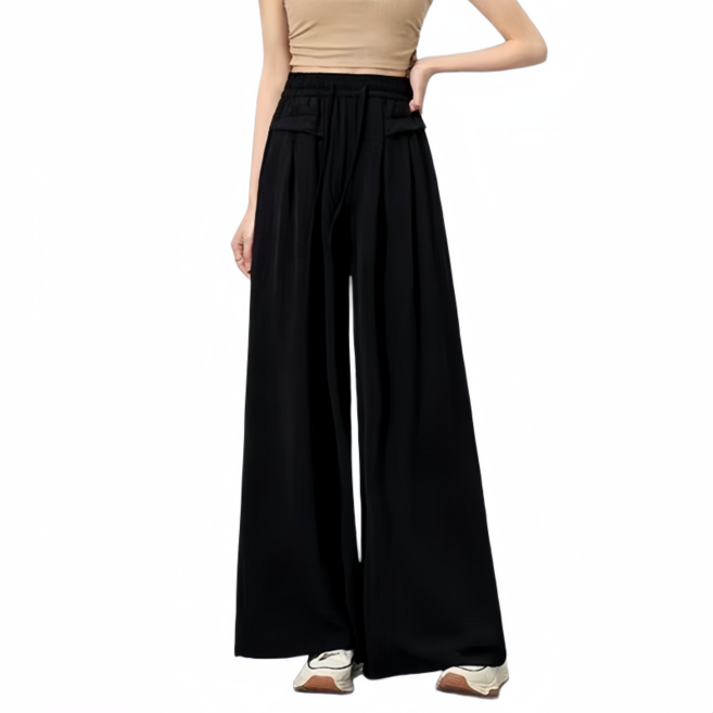 Makone 여성 하이웨이스트 캐주얼 밴딩 와이드 팬츠 치마바지 플리츠 스트링 드롭핏 슬랙스 바지