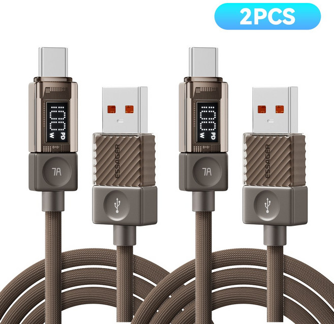 ESSAGER LED 디스플레이 7A 100W USB A타입-C타입 고속 충전 케이블 2개입, 2개, 커피브라운, 2m