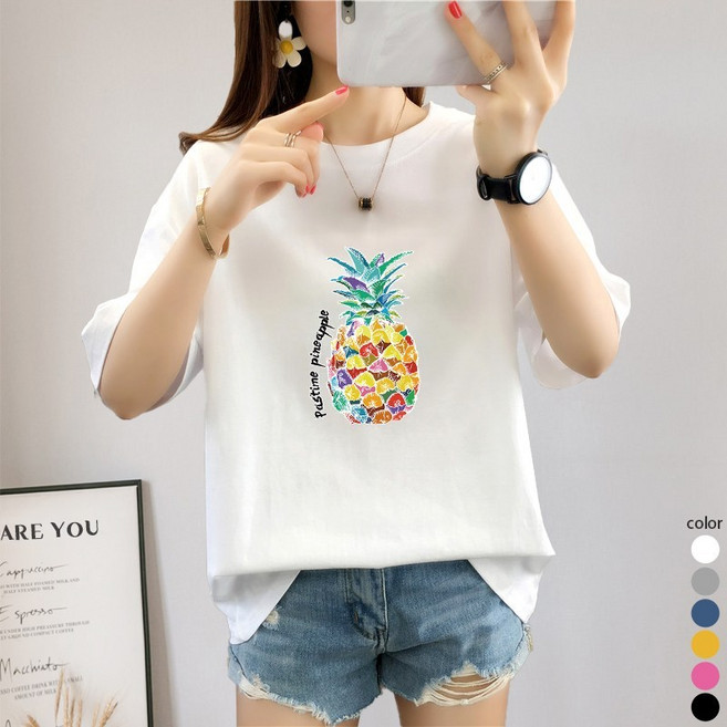 스타일아유 귀여운 파인애플 면100% 오버핏 여성용 롱티 자체제작 반팔티 빅사이즈 반팔 티셔츠[AYG6TS376A]
