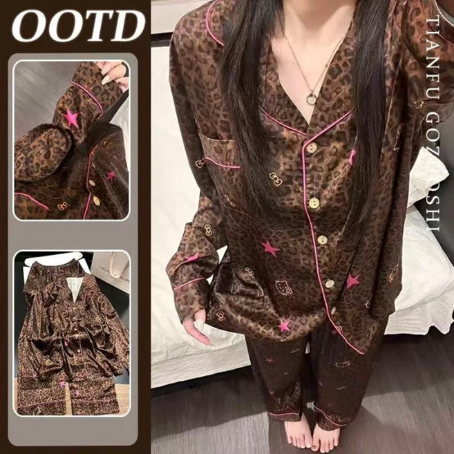 Lris 키티 호피 여성 잠옷 세트 긴팔 긴바지 홈웨어 홈웨어