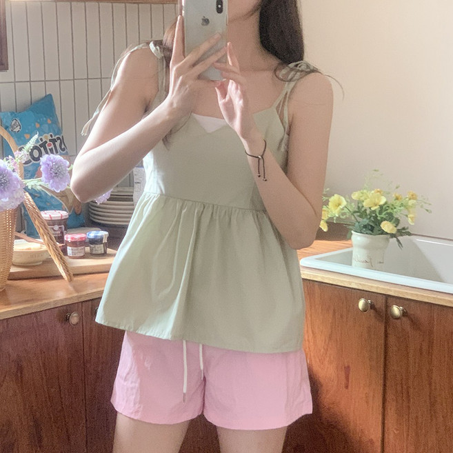 [끈조절가능] 하트넥 리본 프릴 크롭 뷔스티에 블라우스 끈나시 (4color)