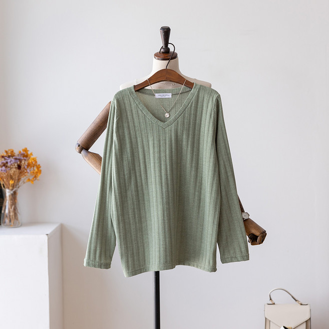 코코세븐 여성 빅사이즈 알로하 니트 골지 브이넥 긴팔 티셔츠