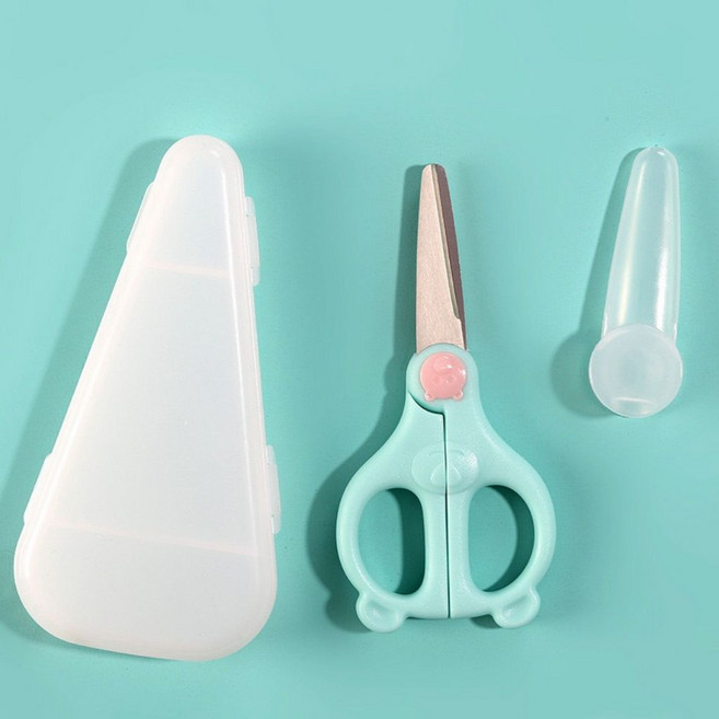 寶寶食物剪刀 420不鏽鋼鋸齒刀刃 圓潤刀頭 附保護套, 小熊款 | 湖水綠, 1個