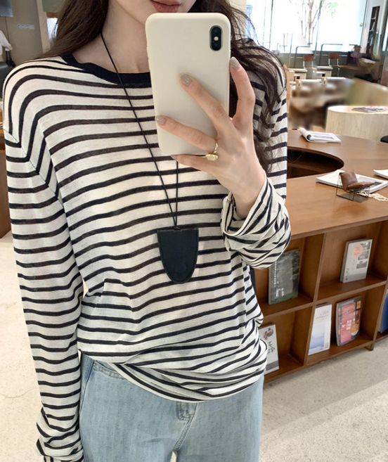 무니유유 텐셀원단 레트로 스트라이프 냉감 아이스 쿨 시스루 긴팔 티셔츠