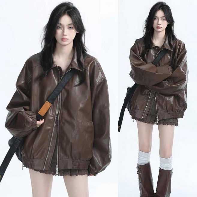 (완전 추천) 75kg까지 빅사이즈 여성 시카고 빈티지 스트릿 라이더 가죽 자켓 봄 가을 편한 패션 카라 지퍼 디자인 캐주얼 시보리 날씬해보이는 디자인 심플 유니크 간지나는 잠바