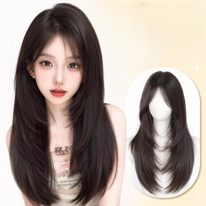 샤일리 자연스러운 여성 긴머리 레이어드 컷 패션 통가발, 1개, 자연블랙