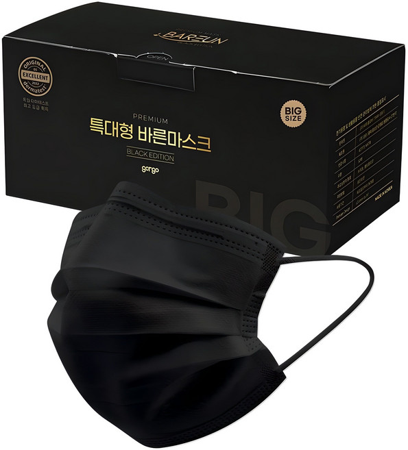 고르고 바른 마스크 성인용 특대형, 50매입, 1개, 블랙