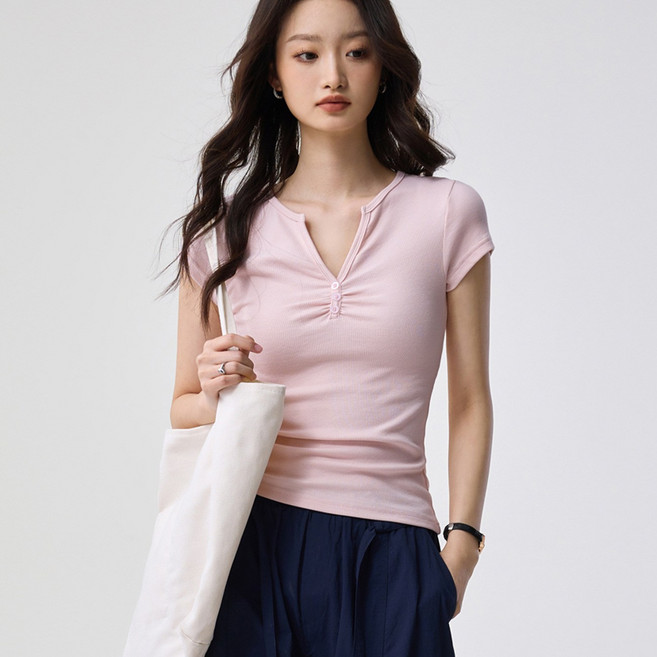 엘에프제트 여성 슬림골지 브이넥 버튼디자인 셔링 캡소매티 26294