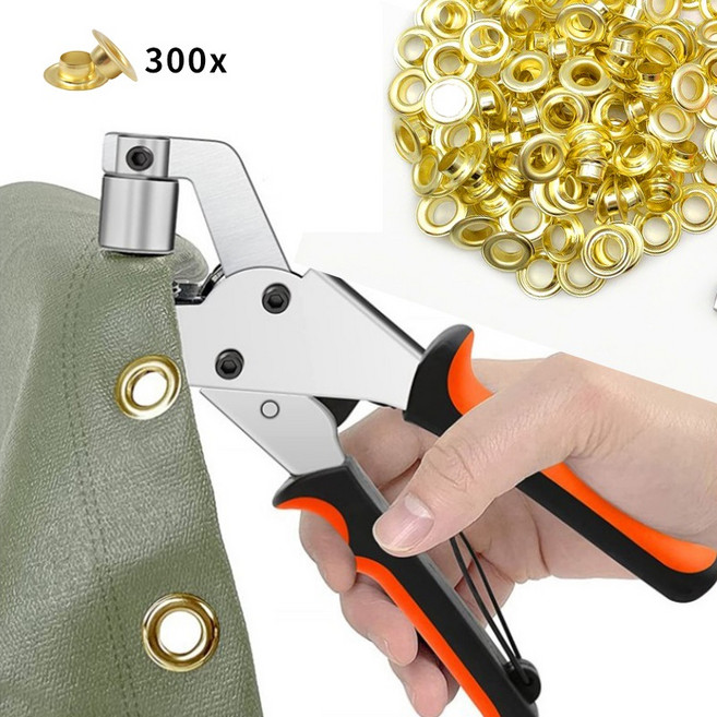 아일렛펀치 휴대용 강철재 DIY 가죽구멍뚫기 캠프탑 구멍펀치 천막펀칭기 오링펀치 타공기 아일렛 펀칭기 1개, 1세트, 펀칭키트+300개의 금색