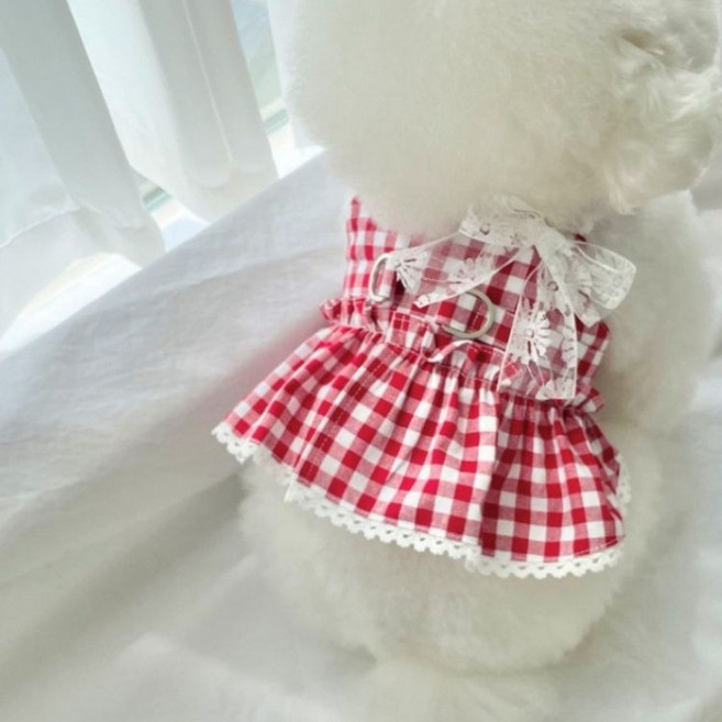 강아지옷 레이스 리본 체크하네스, 1개, 레드