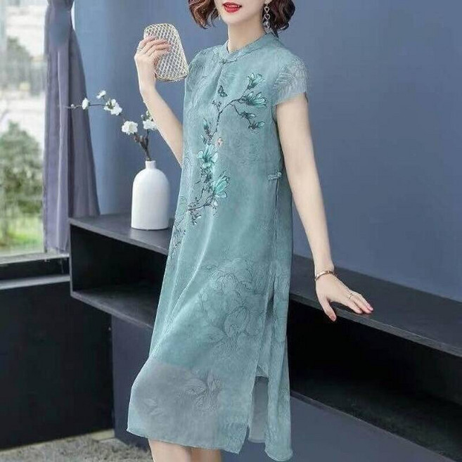 洋裝連衣裙長裙冰絲涼感改良式旗袍洋裝新中式旗袍裙女上衣旗袍式洋裝連身裙修身大碼民族風旗袍改良版夏季年中老年闊太太雪紡媽媽氣質連衣裙, 藍色