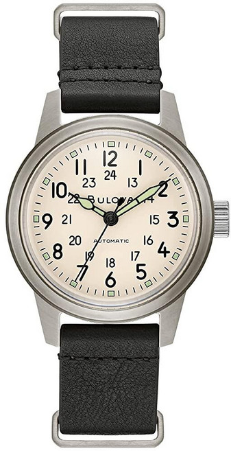 Bulova 남성용 밀리터리 핵 시계 블랙 레더 나토 스트랩 (Model: 96A246)