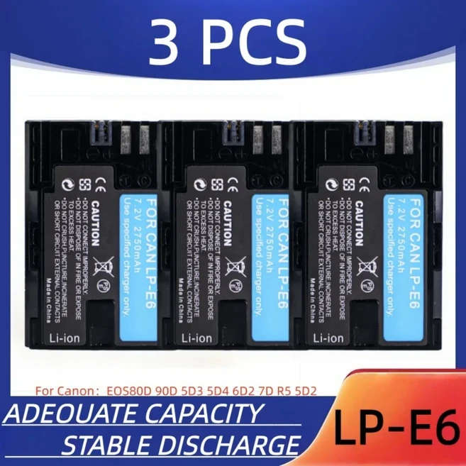 호환 1-10PCS 7.2V LP-E6 디지털 카메라 배터리 1600mAh 충전식 캐논 EOS80D 90D 5D3 6D2 7D R5 적합, 07 3 PCS